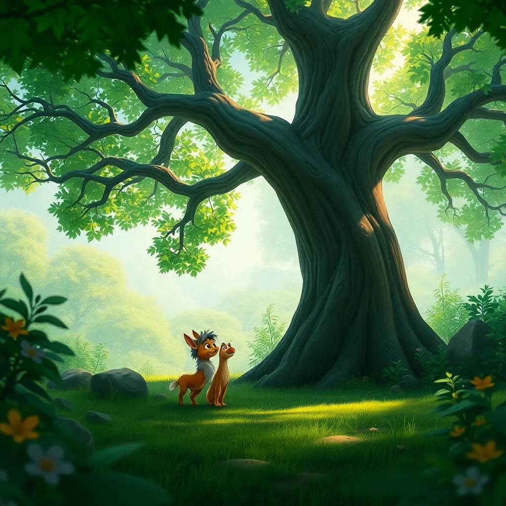 Nubi in a lush green forest talking to an old wise oak tree, vibrant colors, peaceful atmosphere, high quality