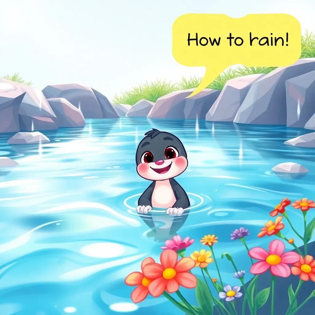 A clear crystal river flowing softly where Nubi is asking how to learn to rain, with colorful flowers along the edge, smiling river scene, detailed illustration, cheerful and inviting