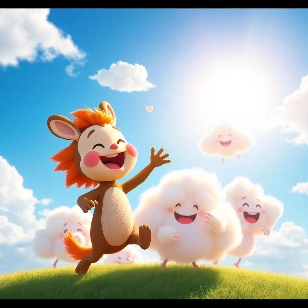 Nubi playing with other playful clouds in the bright sun, dancing happily together in the blue sky, depiction of joy and movement, fun and colorful digital art