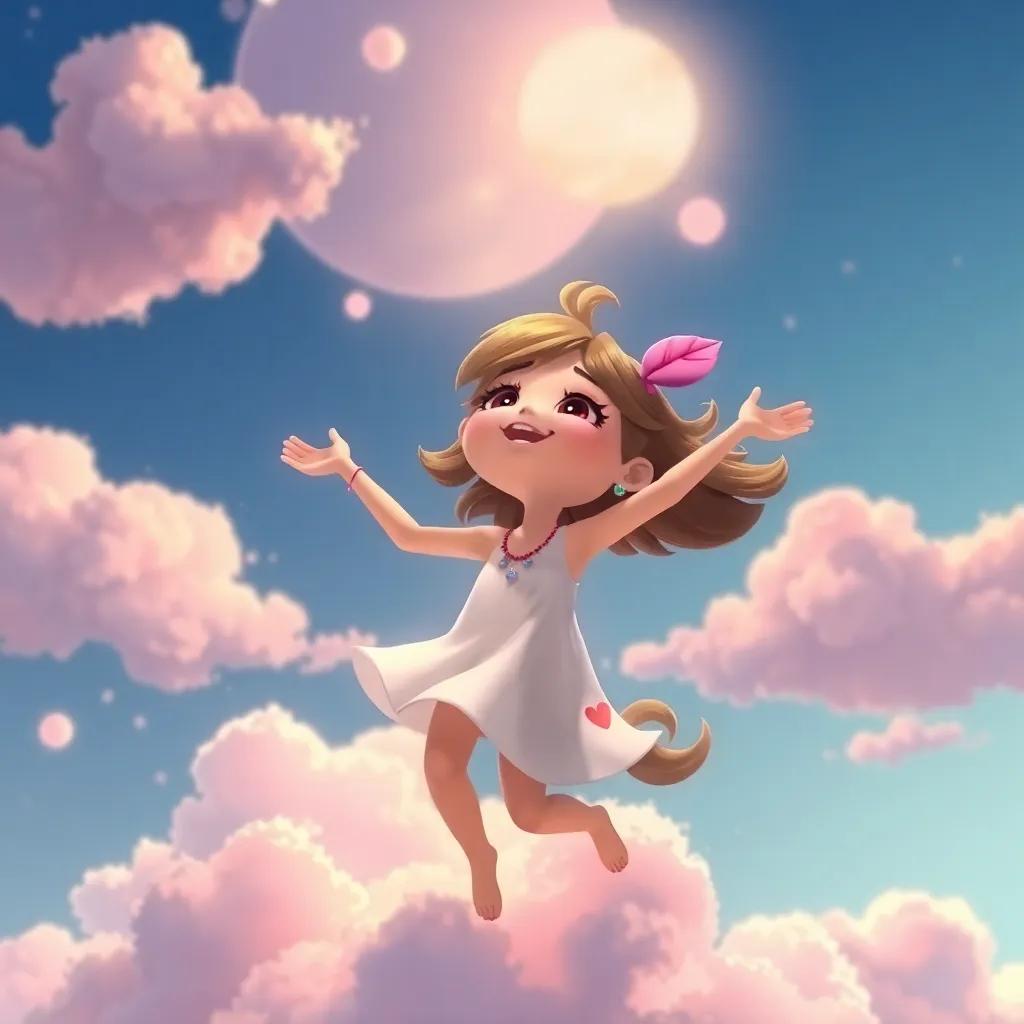 Nubi feeling something special inside her while dancing in the clouds, showcasing her excitement and anticipation, bright colors, whimsical, lively atmosphere
