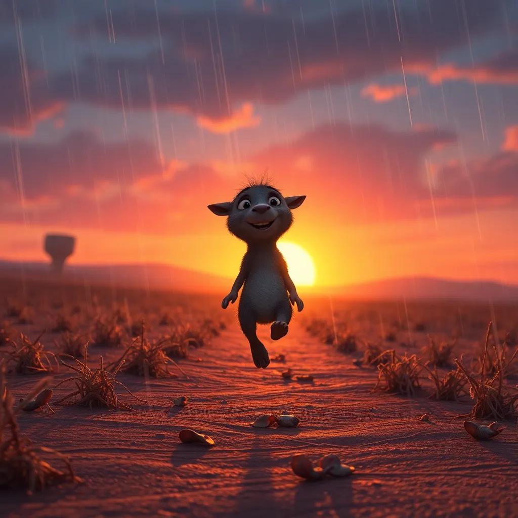 Nubi descending towards the dry field as the sun sets in the background, preparing to rain, warm colors, gentle lighting, inviting atmosphere