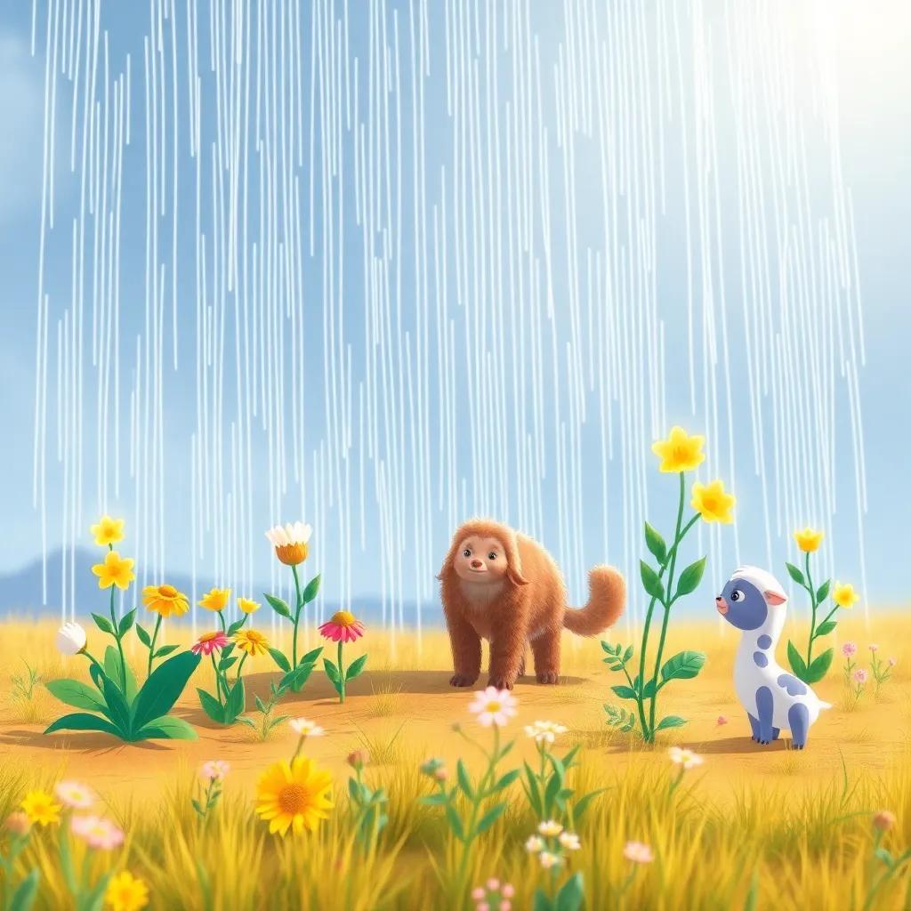 Nubi raining softly on the dry field, with joyful plants and flowers blooming, animals appearing to enjoy the rain, bright colors, uplifting and heartwarming illustration