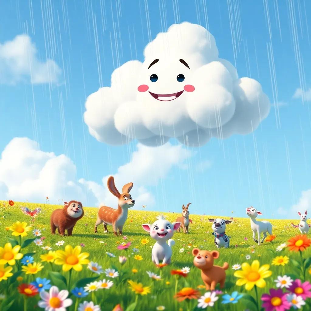 A beautiful field with flowers blooming after the rain, with animals playing happily, while Nubi the cloud looks down, proud and satisfied, vibrant colors, cheerful atmosphere, high quality