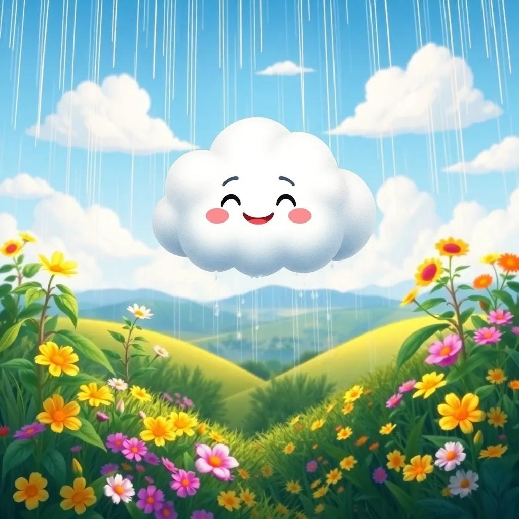 A happy cloud named Nubi floating in the sky after a rain, surrounded by flourishing plants and flowers, with a bright and beautiful landscape below, colorful and lively illustration, joyful mood