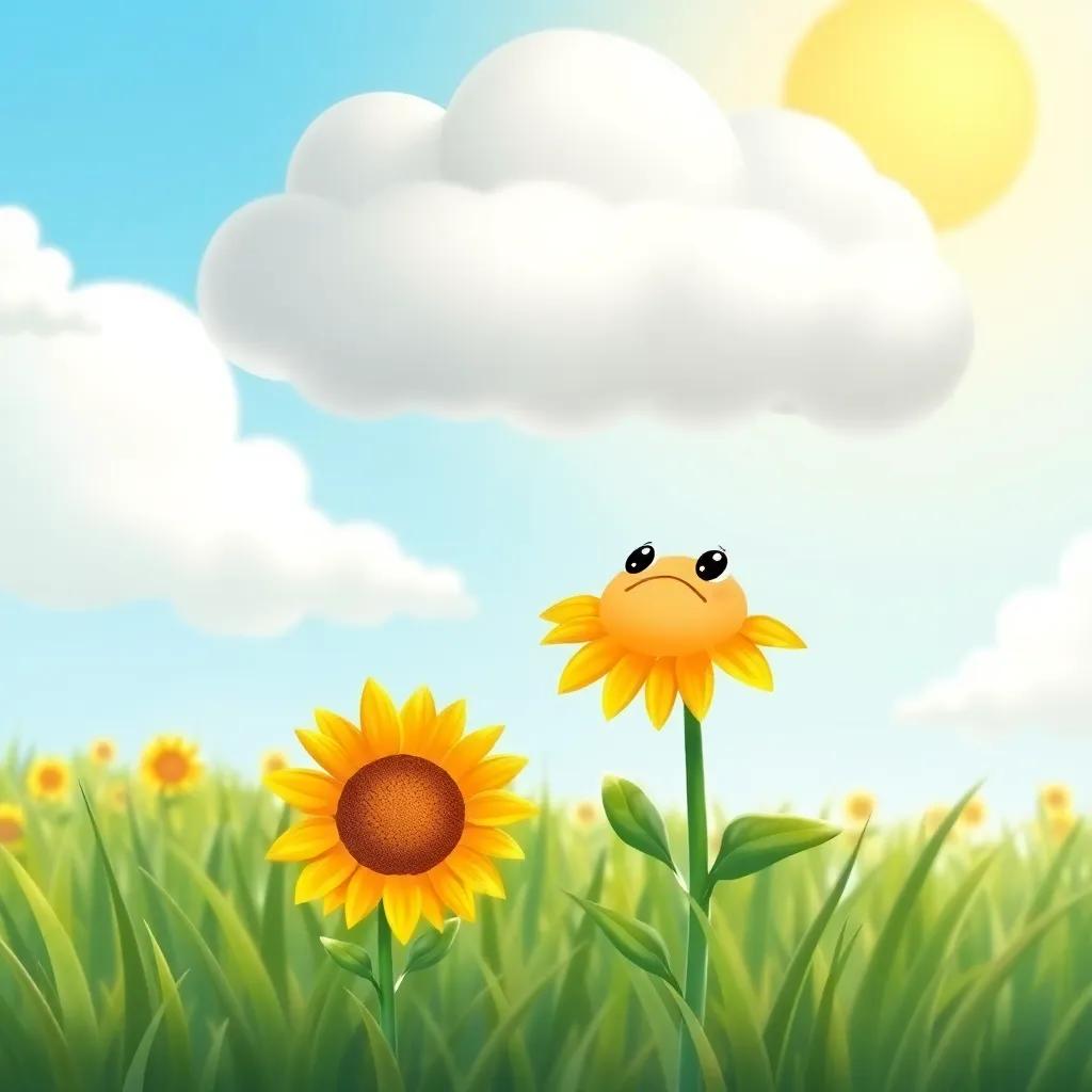 A small sunflower looking up with a sad face under the cloud Lluvia, surrounded by green grass, sunny day, bright colors, child-friendly illustration