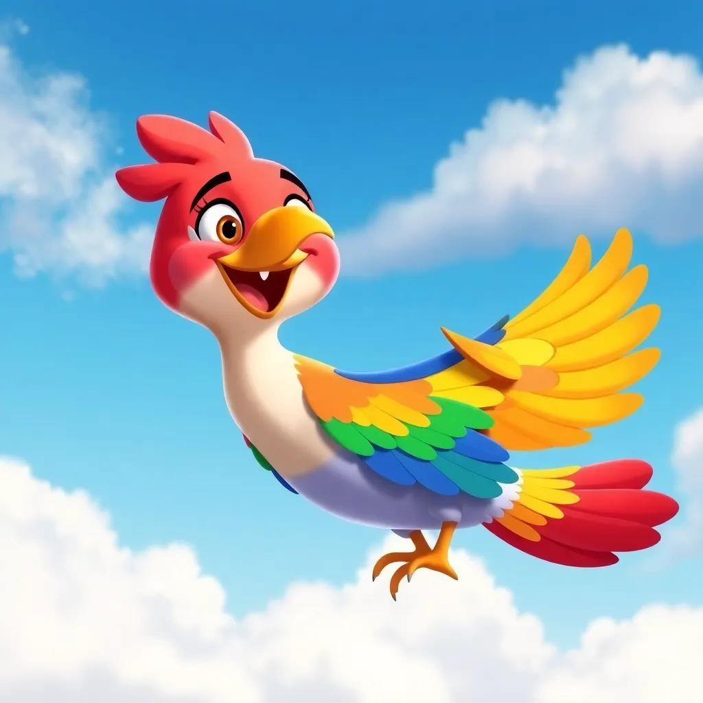 A cheerful bird named Pablo, colorful feathers, flying near Lluvia, encouraging her with friendly gestures, vibrant sky, happy mood, cartoon style, high quality