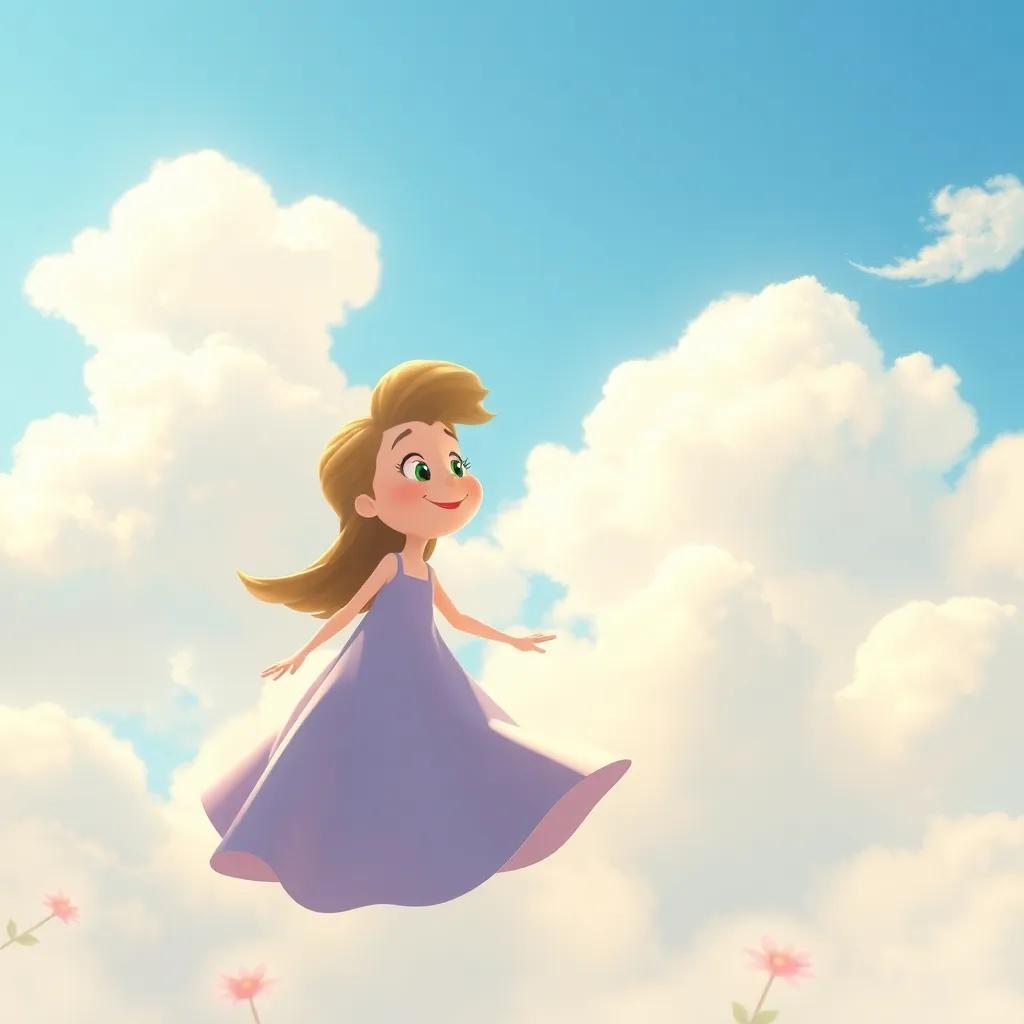 A gentle breeze named Brisa, softly blowing, with wispy forms around Lluvia, a sunny sky with puffy clouds, warm light, inviting atmosphere, playful style