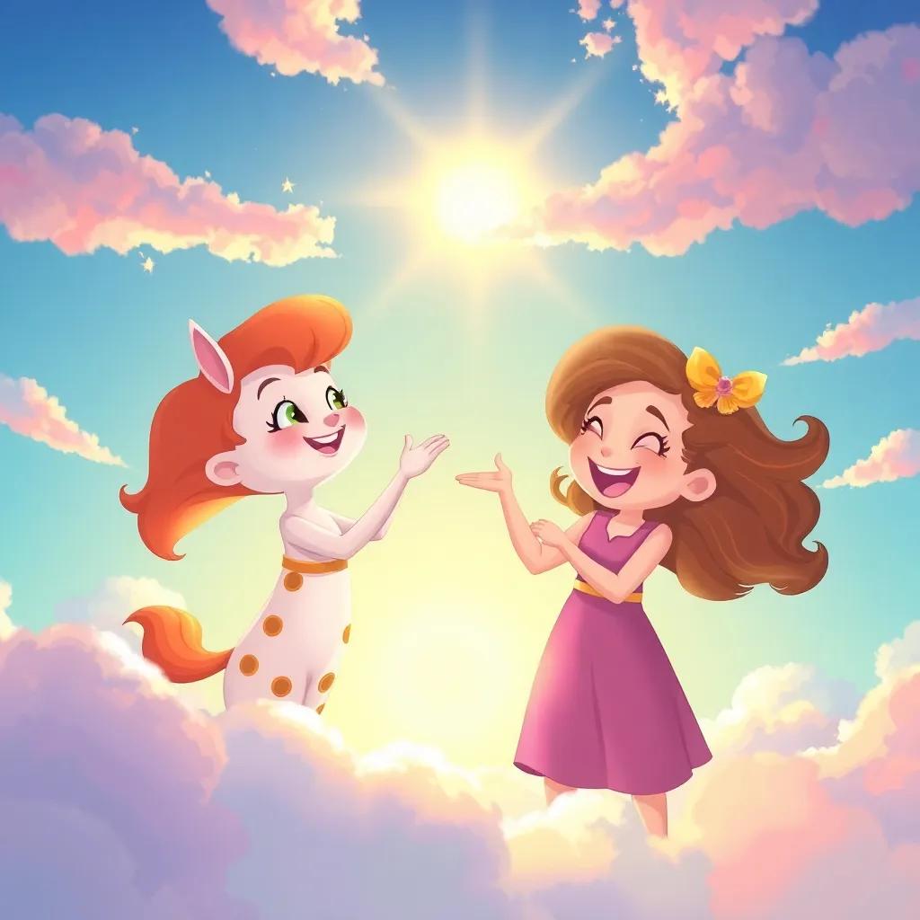 A happy scene showing Lluvia learning from Brisa, swirling together in the sky, colorful clouds and sunlight blending, joyful tone, illustration for children