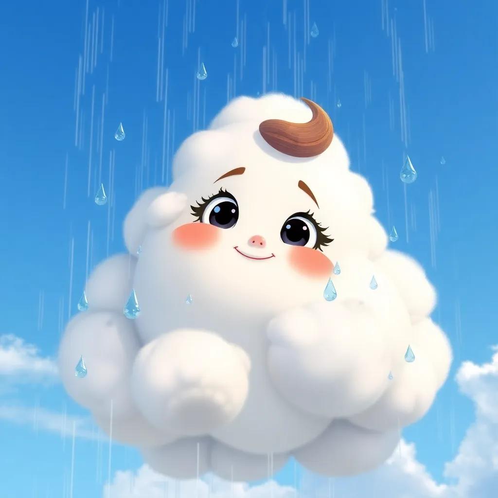 The cloud Lluvia now full of raindrops, preparing to rain, looking determined yet joyful, a beautiful blue sky behind her, high saturation, endearing character illustration