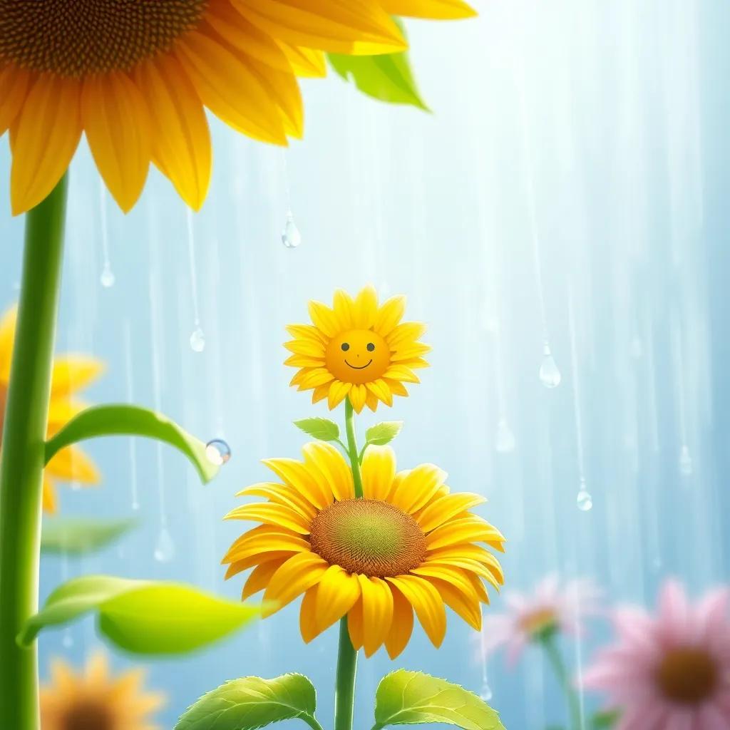 Lluvia raining softly on a tiny sunflower, bright green and raying joy, lots of clear raindrops falling, colorful scene, cheerful vibe, children's book style