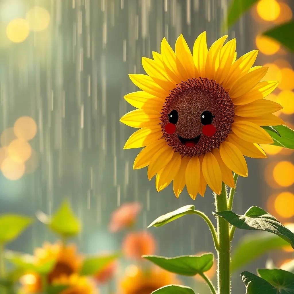 The sunflower happy and glowing in the rain, shiny leaves reflecting the sunlight, beautiful, warm colors in the background, child-friendly, magical atmosphere