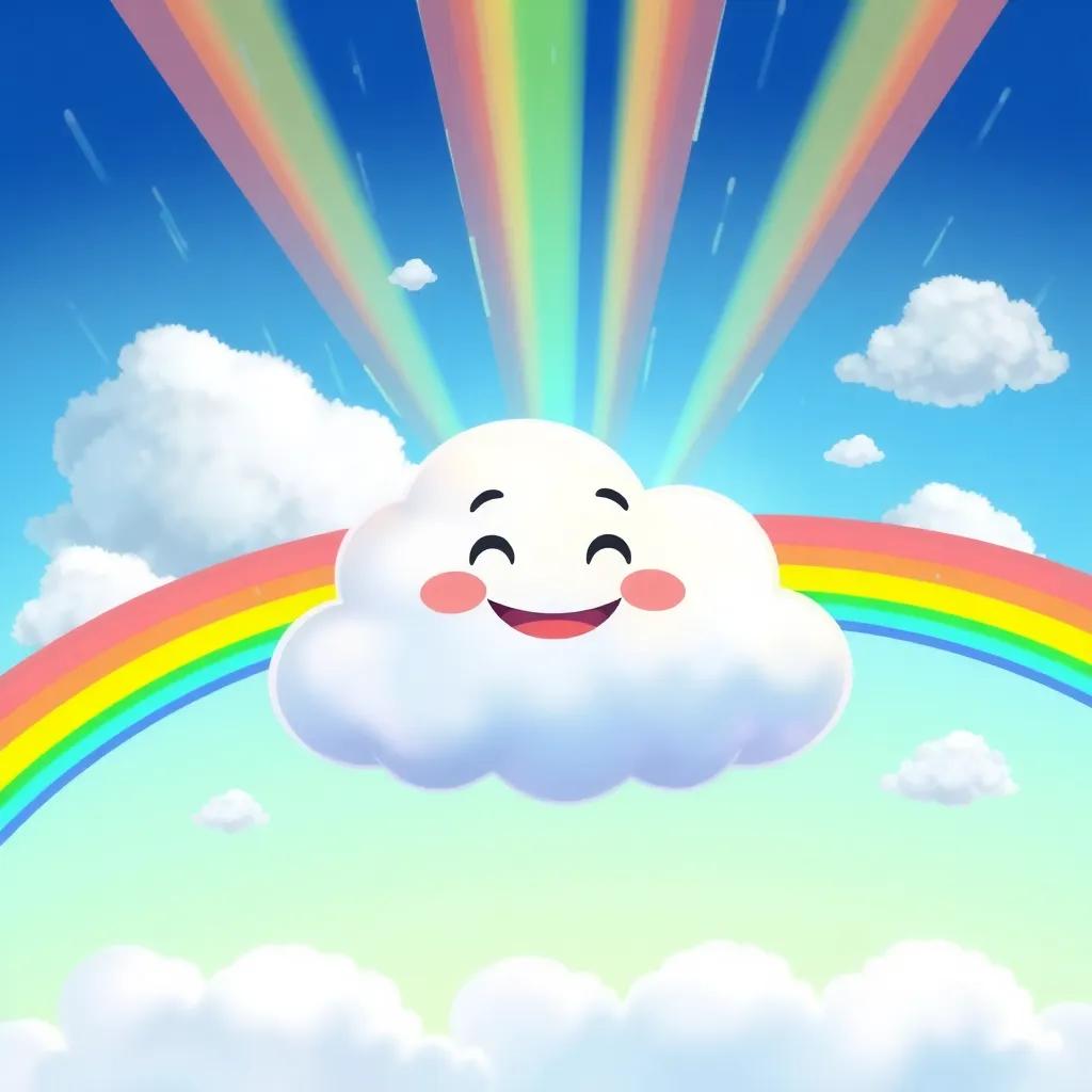 A beautiful scene of Lluvia, the cloud, smiling brightly with rainbows appearing in the sky after the rain, vivid colors, happy and fun illustration