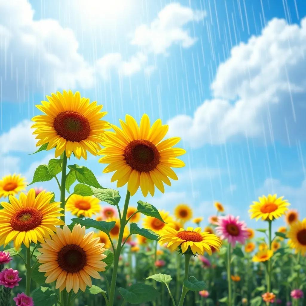 A cheerful landscape after the rain, with colorful sunflowers and bright blue skies, a happy Lluvia in the background, joyful, fantasy art for children