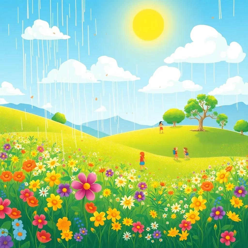 A lovely landscape below with colorful flowers thirsty for rain, children playing in the sun, a vibrant sunny scene, illustration, lively, heartwarming, child-friendly
