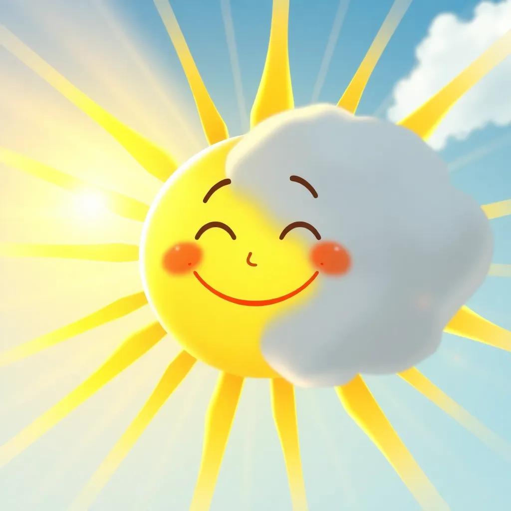 A bright sun smiling at the cloud, radiating warm golden rays, with light making beautiful patterns around, cheerful and friendly, joyful moment, digital painting