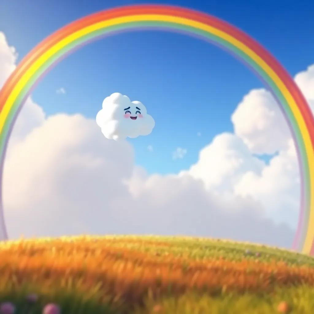 A stunning rainbow in the distance, with the cloud looking amazed, vibrant colors of red, yellow, and green, enchanting background, whimsical art, joyful perspective
