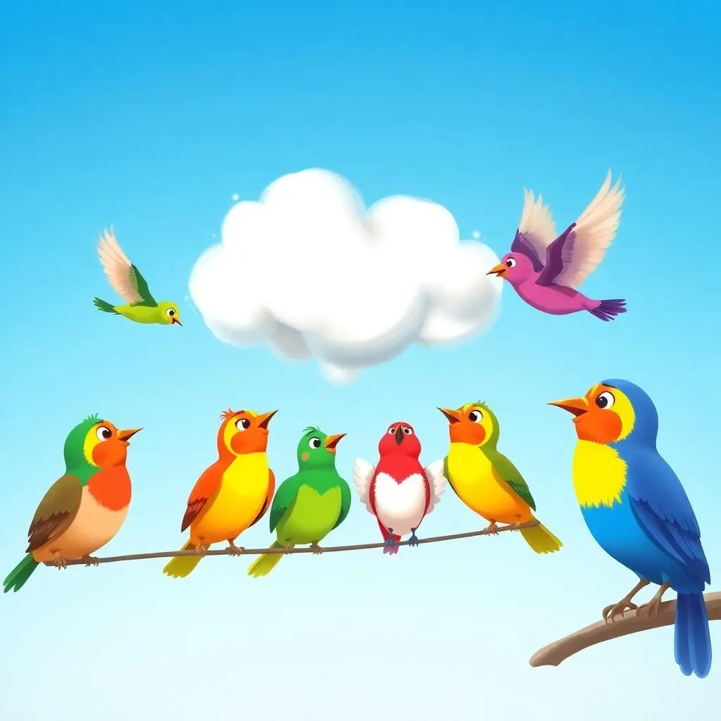 A group of colorful birds chatting with the cloud in a clear blue sky, all flying together, friendly atmosphere, cheerful, uplifting illustration