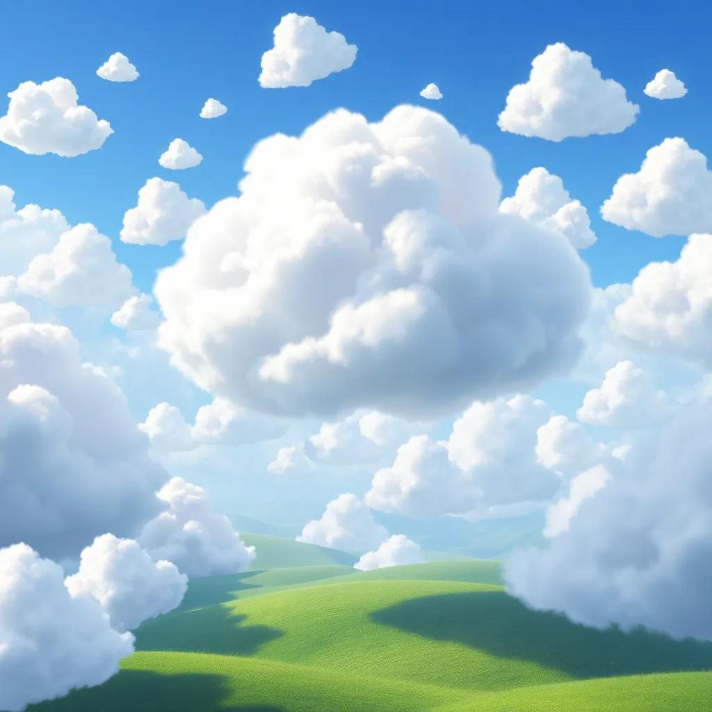 The cloud surrounded by other playful clouds, all dancing in the sky, creating shadows over a green landscape, magical and lively scene, digital art, enchanting