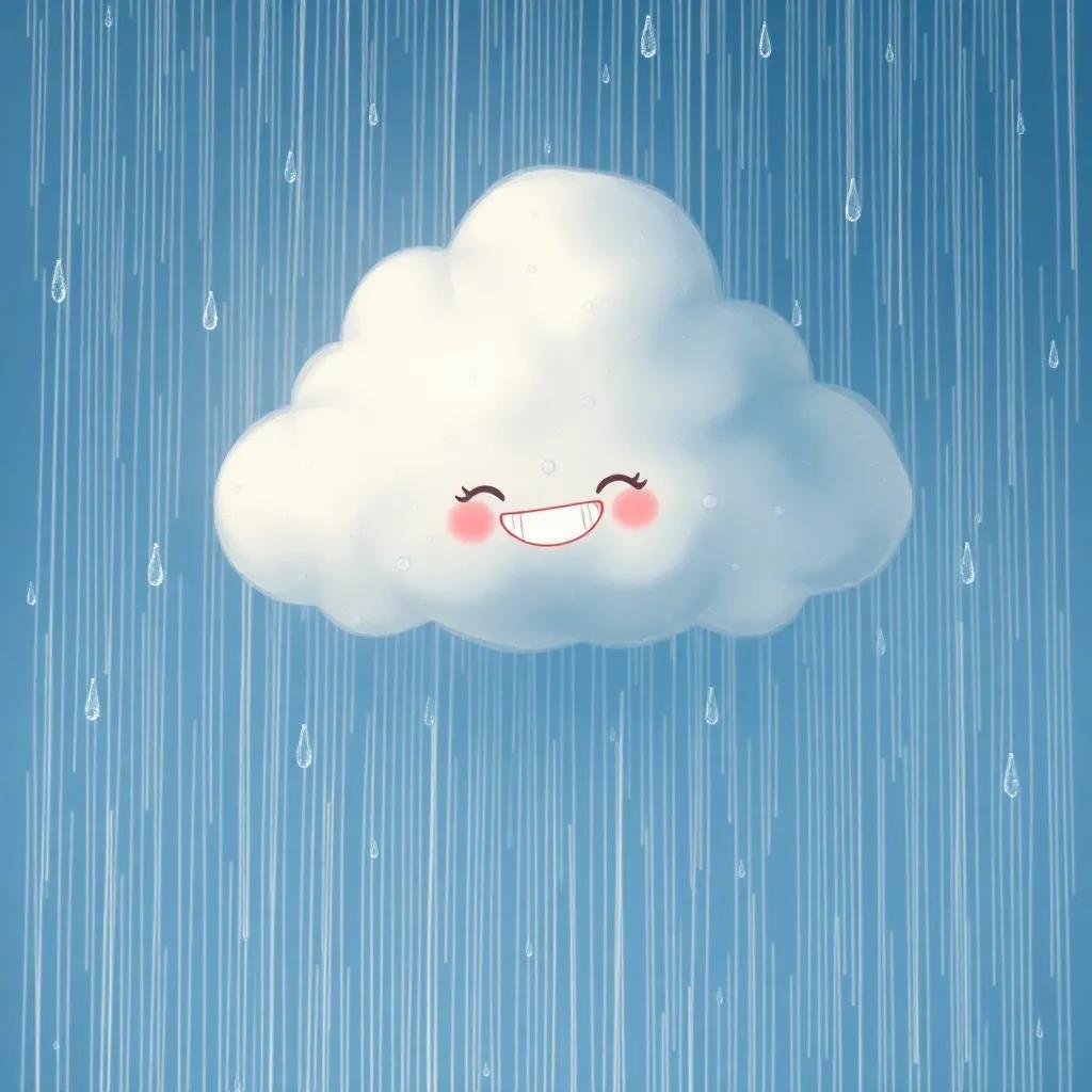 A rainy scene with drops of water gently falling, the cloud transforming into rain while smiling, frolicking in the rain, magical moment, detail-rich illustration