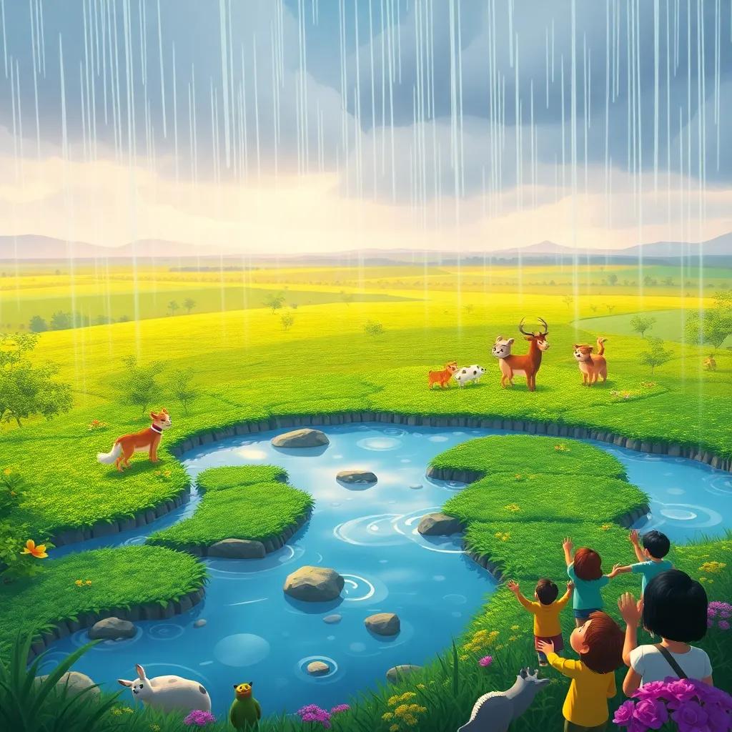 A serene view of the land below growing greener with water from the rain, joyful animals and people celebrating, happiness and hope reflected, bright colors, storytelling illustration