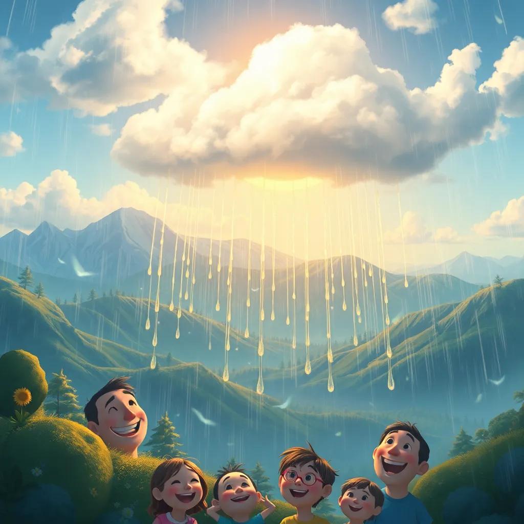 The cloud reflecting on its journey, now as rain, filled with joy, among beautiful landscapes and happy faces below, artistic, heartwarming scene