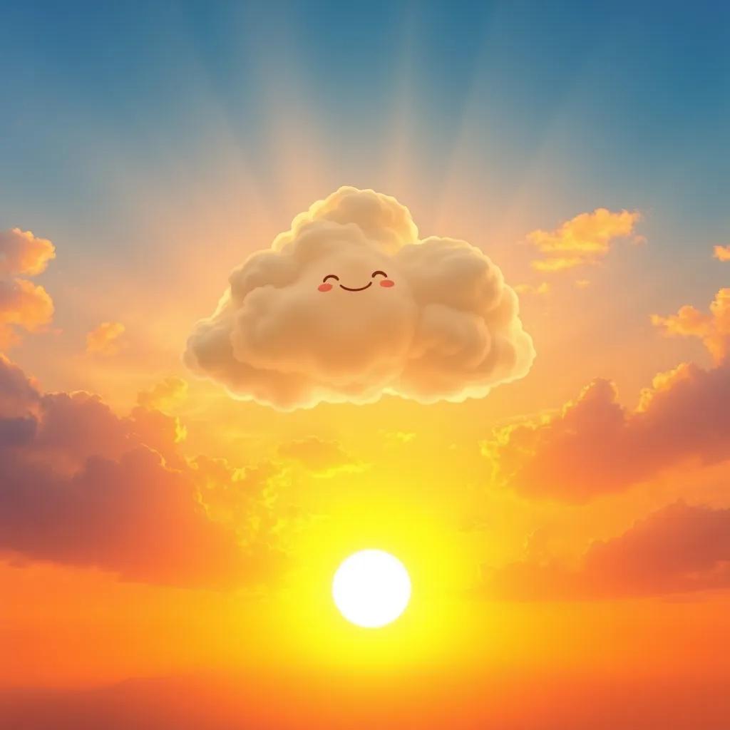 A beautiful sunset sky, the cloud floating happily above, radiating joy and magic, leaving a trail of colors across the sky, heartwarming, high-quality art