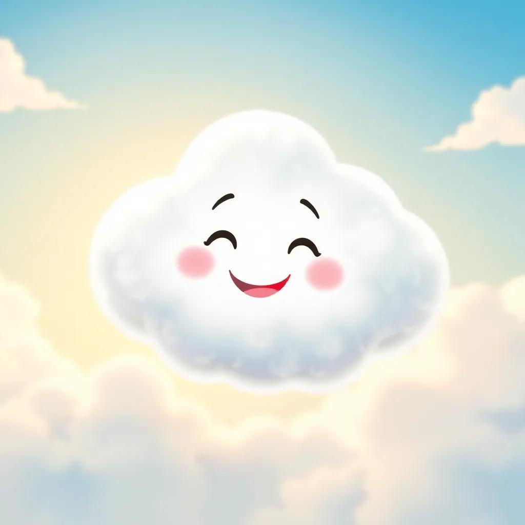 A white fluffy cloud smiling in the sky, with a bright sunny background, digital art, cheerful colors, whimsical atmosphere, high quality