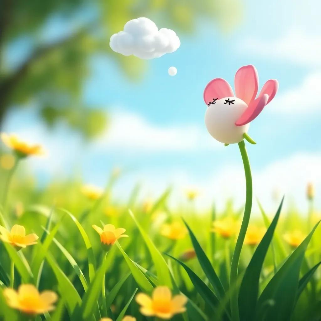 A thirsty flower in a green meadow, looking up at the cloud with longing, bright colors, sunny day, cute and vibrant, heartwarming