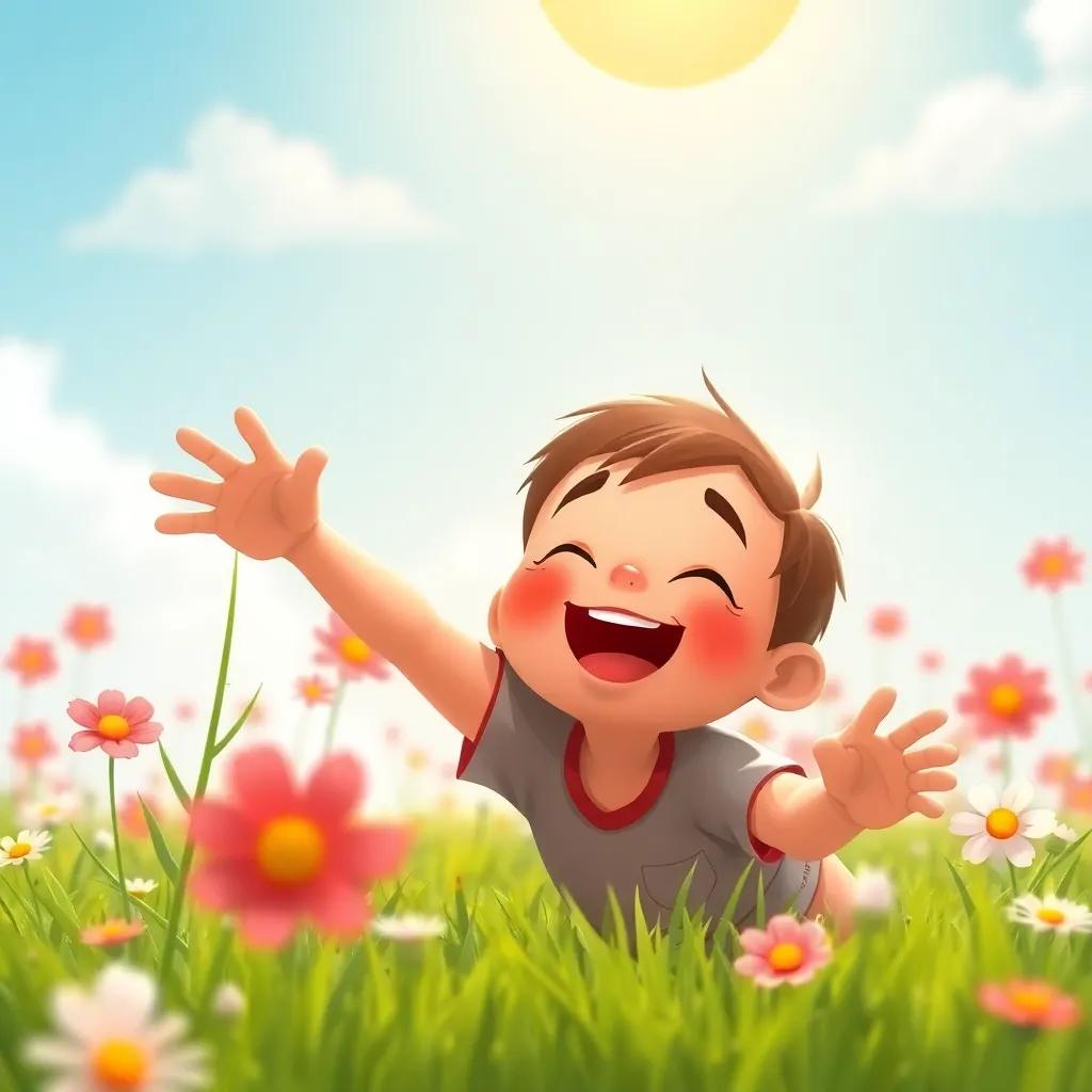 A small boy playing under the sun, with a red face and joyful expression, surrounded by blooming flowers and green grass, cheerful, bright imagery, engaging scene