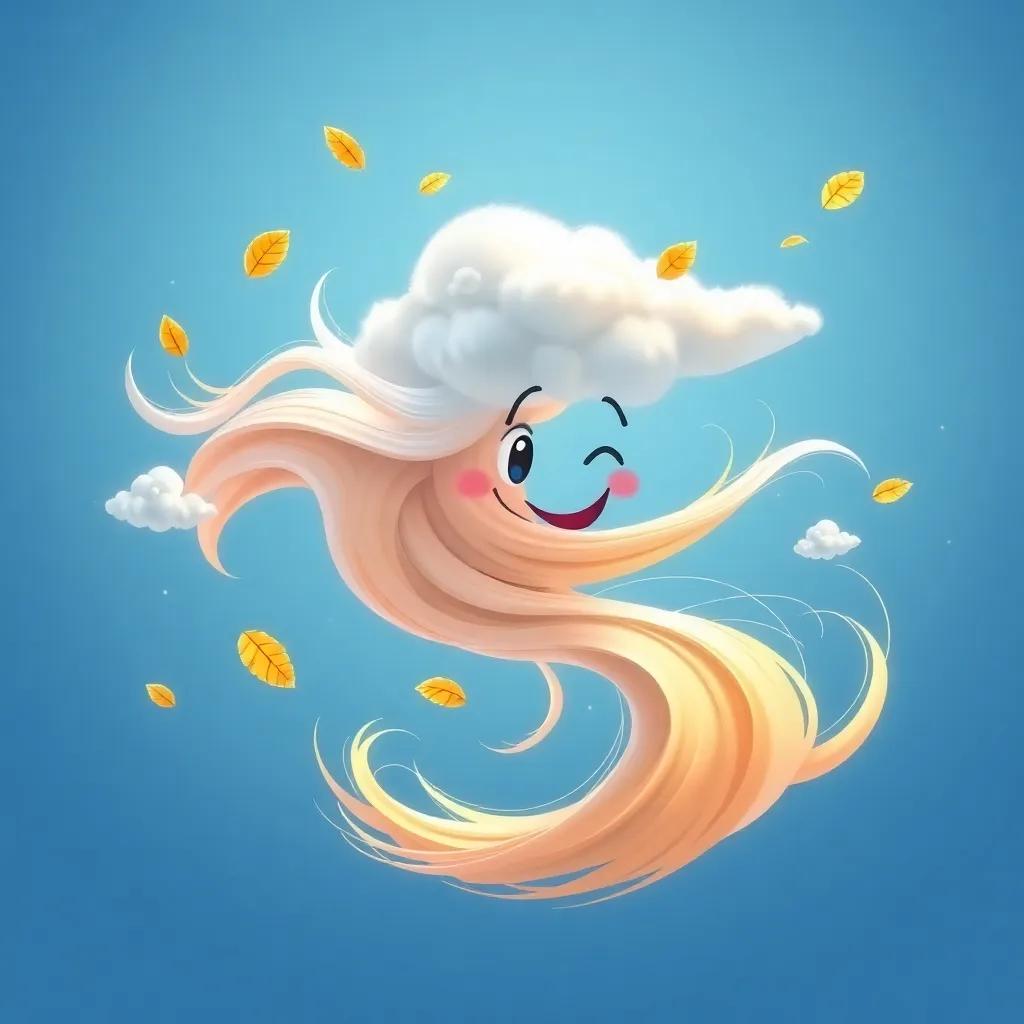 A friendly wind, imagined as a swirling breeze, communicating with the cloud, with leaves and small clouds dancing around, whimsical, dynamic, colorful