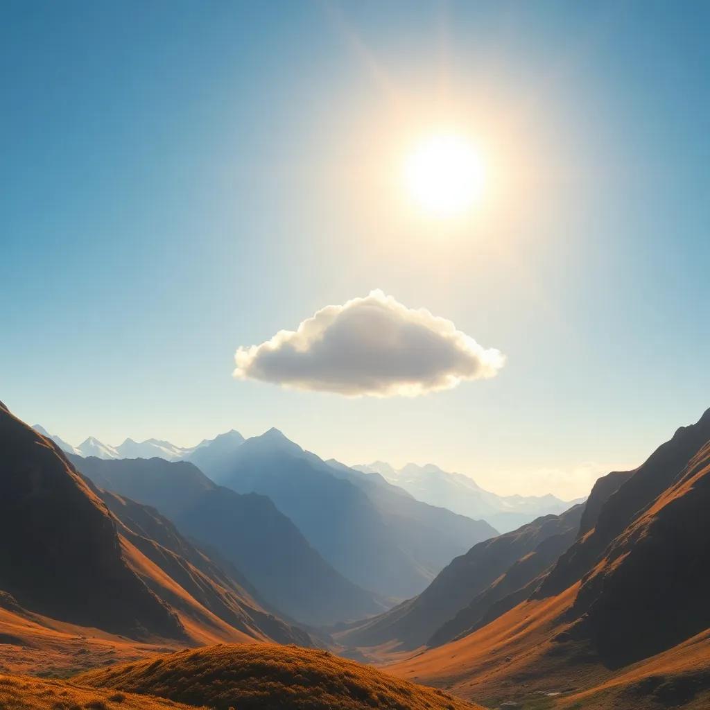 A glowing mountain landscape under the sun, where the cloud is traveling, with a clear blue sky and warm colors, uplifting, inviting atmosphere, visual delight