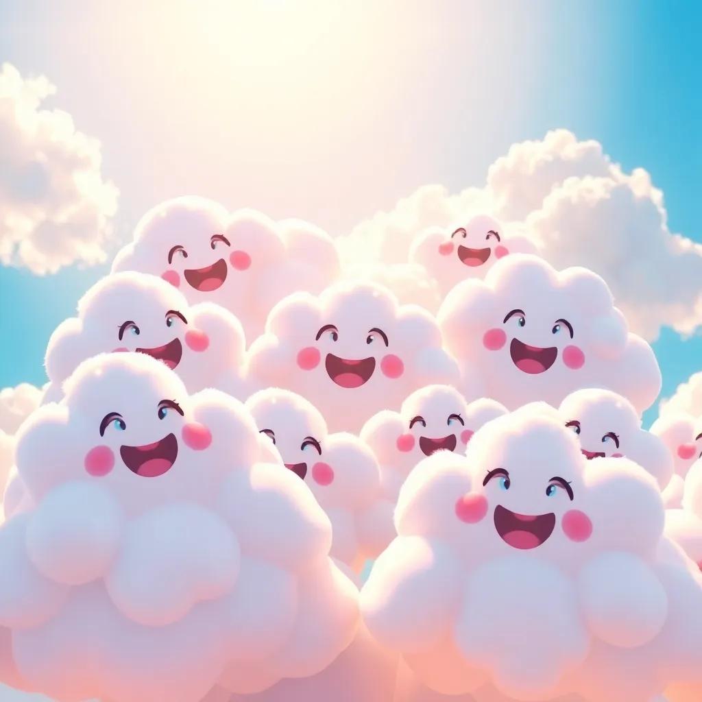 A group of happy clouds, gathering together in the sky, looking excited, with blue skies and warm sunlight, vibrant and joyful, light-hearted