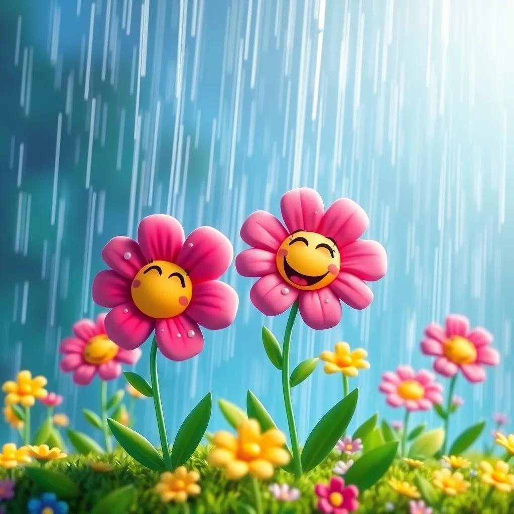 A joyful scene of rain falling gently on the earth, flowers soaking it up with smiles, colorful, lively atmosphere, joyous and animated feel