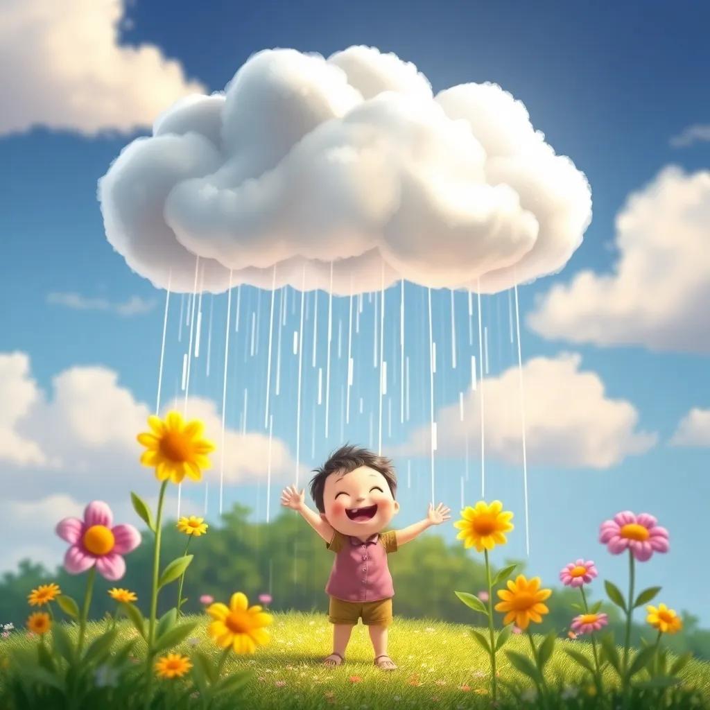 The joyful cloud turning into rain, falling with joy onto a laughing child, flowers dancing in delight, warm and cheerful, magical moment, inviting view