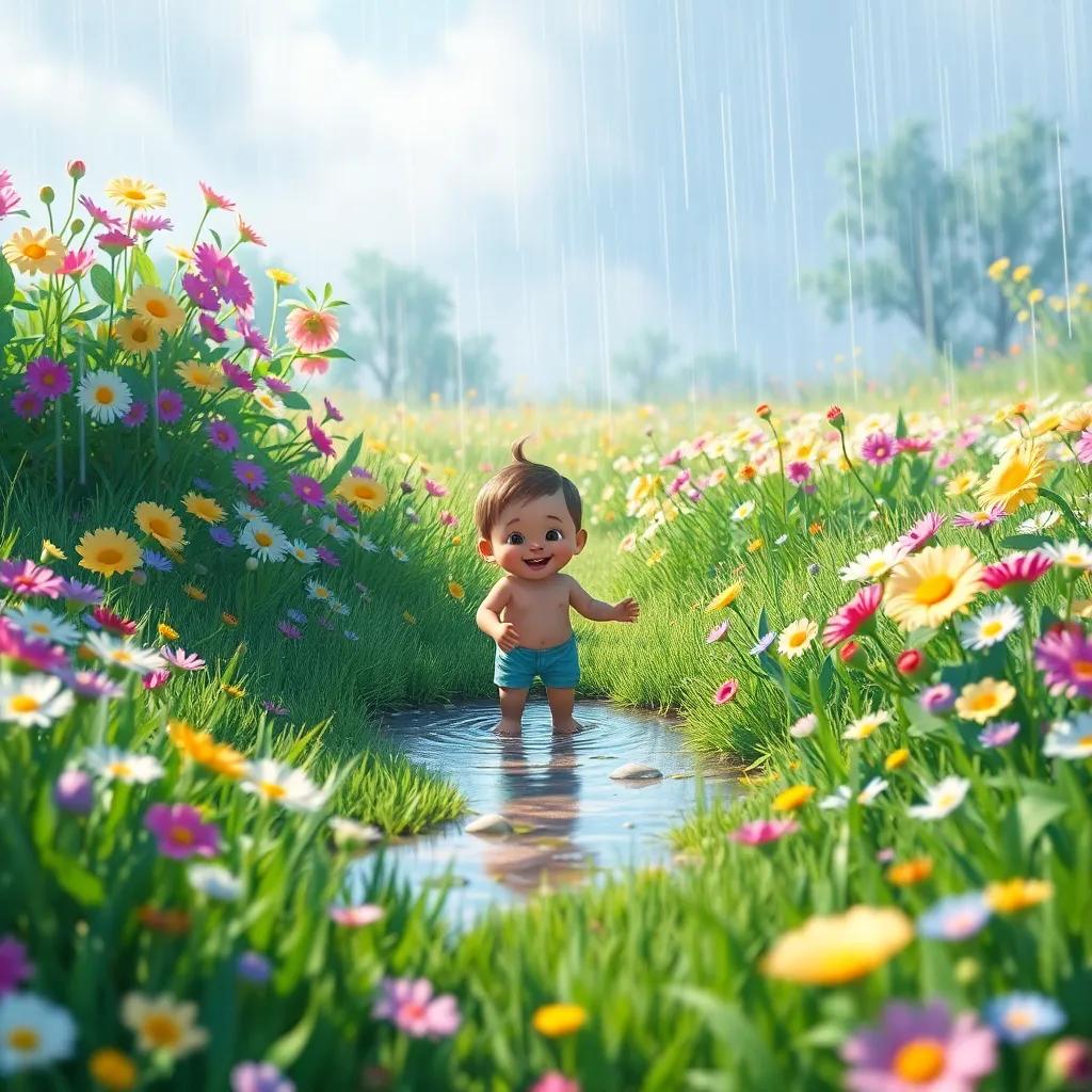 A flourishing meadow after the rain, flowers blooming and colors shining, with a happy child playing in the puddles, vibrant, refreshing energy, delightful