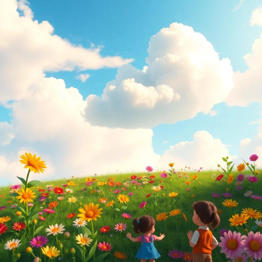 A proud cloud in the sky, looking down at the happy earth below, with vibrant flowers and playful children, colorful, fulfilling atmosphere, joyful imagery