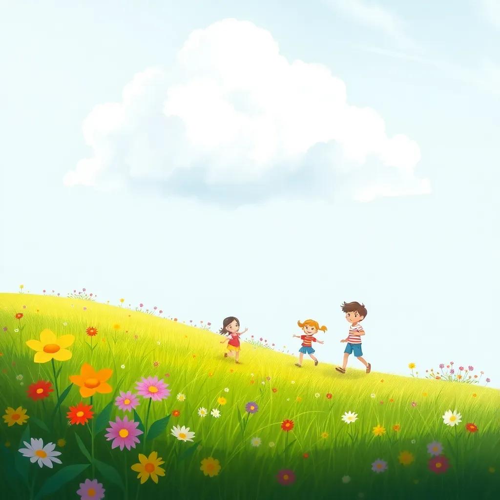 A beautiful green field with colorful flowers and children playing happily, beneath a fluffy white cloud, illustration, vibrant colors, inviting scene, child-friendly