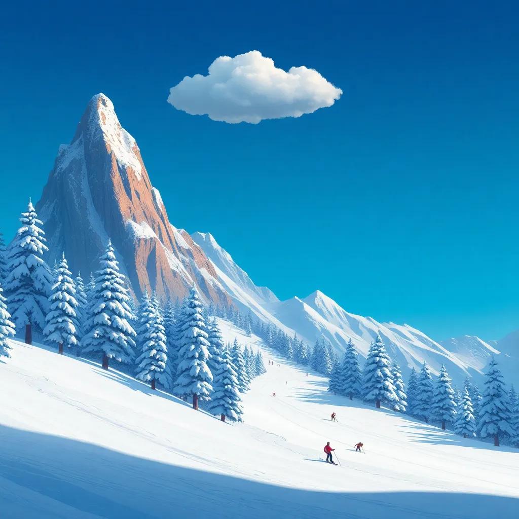 A tall snowy mountain with trees covered in snow, skiers sliding down the slopes, a curious cloud floating above, digital painting, cool colors, magical view, high quality