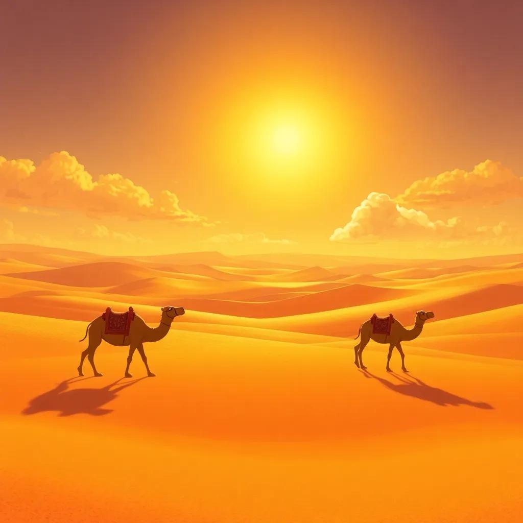 A vast golden desert with camels walking slowly, under a bright sun, a fluffy cloud observing, illustration, warm colors, captivating atmosphere, child-friendly