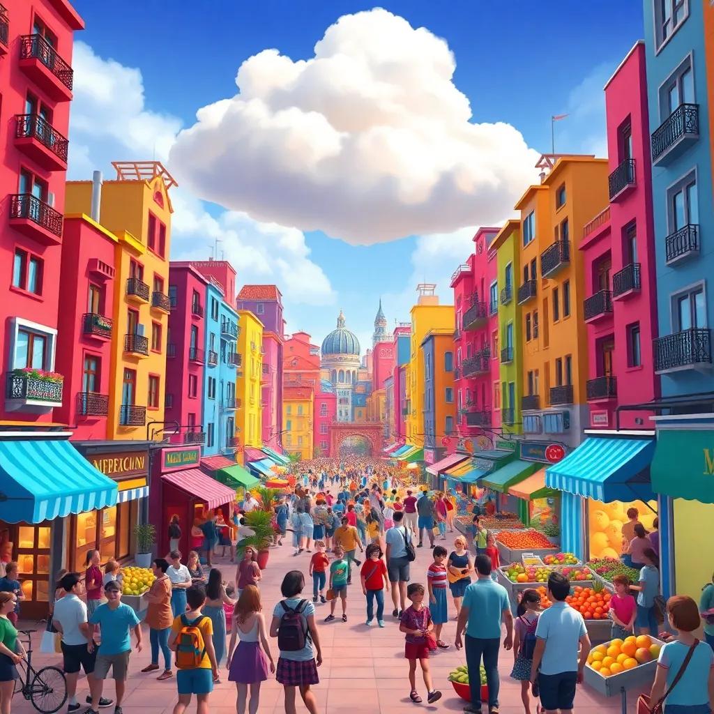 A bustling city filled with colorful buildings, people in the square, with fresh fruits and joyful music, a curious cloud hovering above, vibrant scene, lively energy, high quality