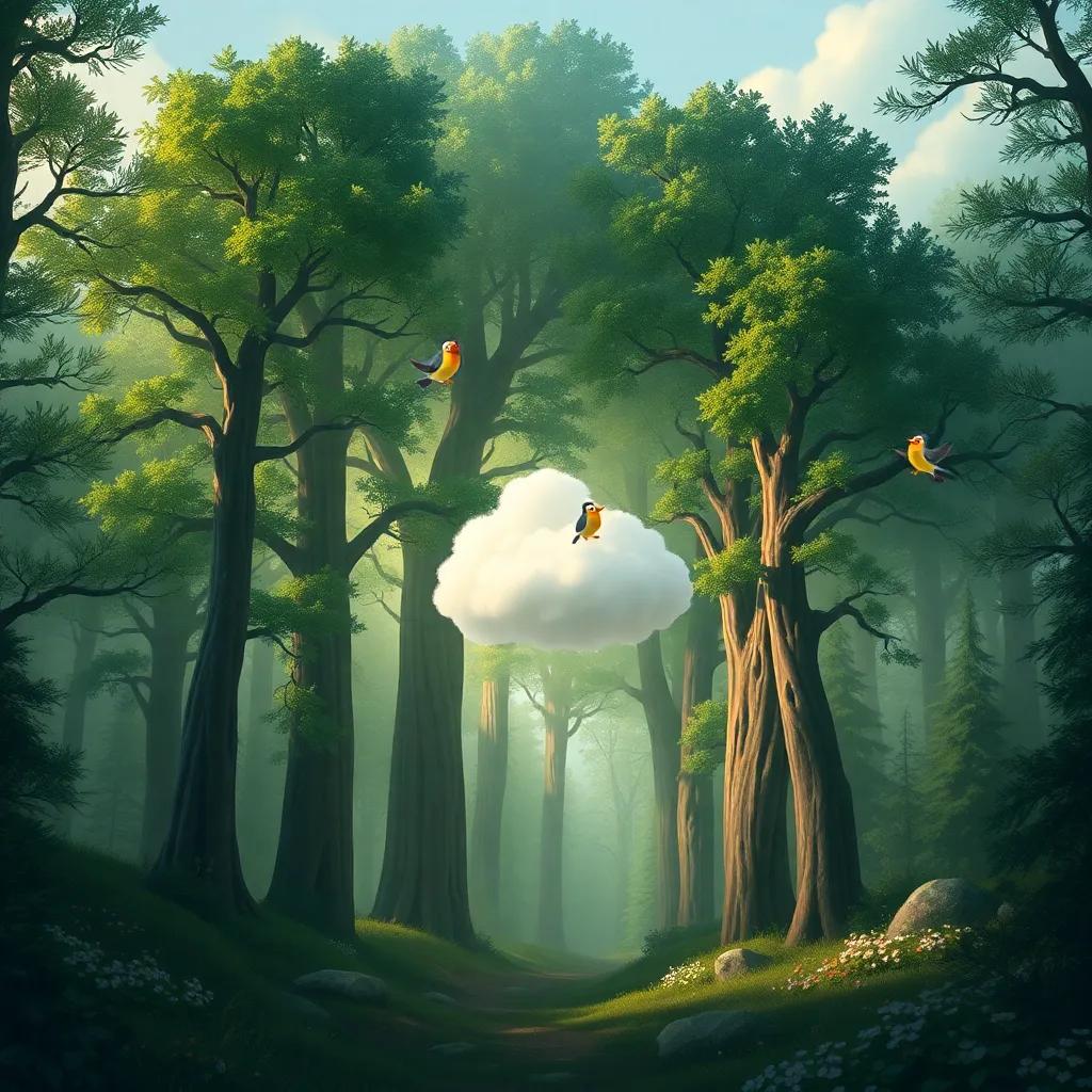 A mysterious green forest with high trees and singing birds, a fluffy cloud floating through, enchanted vibe, rich colors, storytelling view, child-friendly