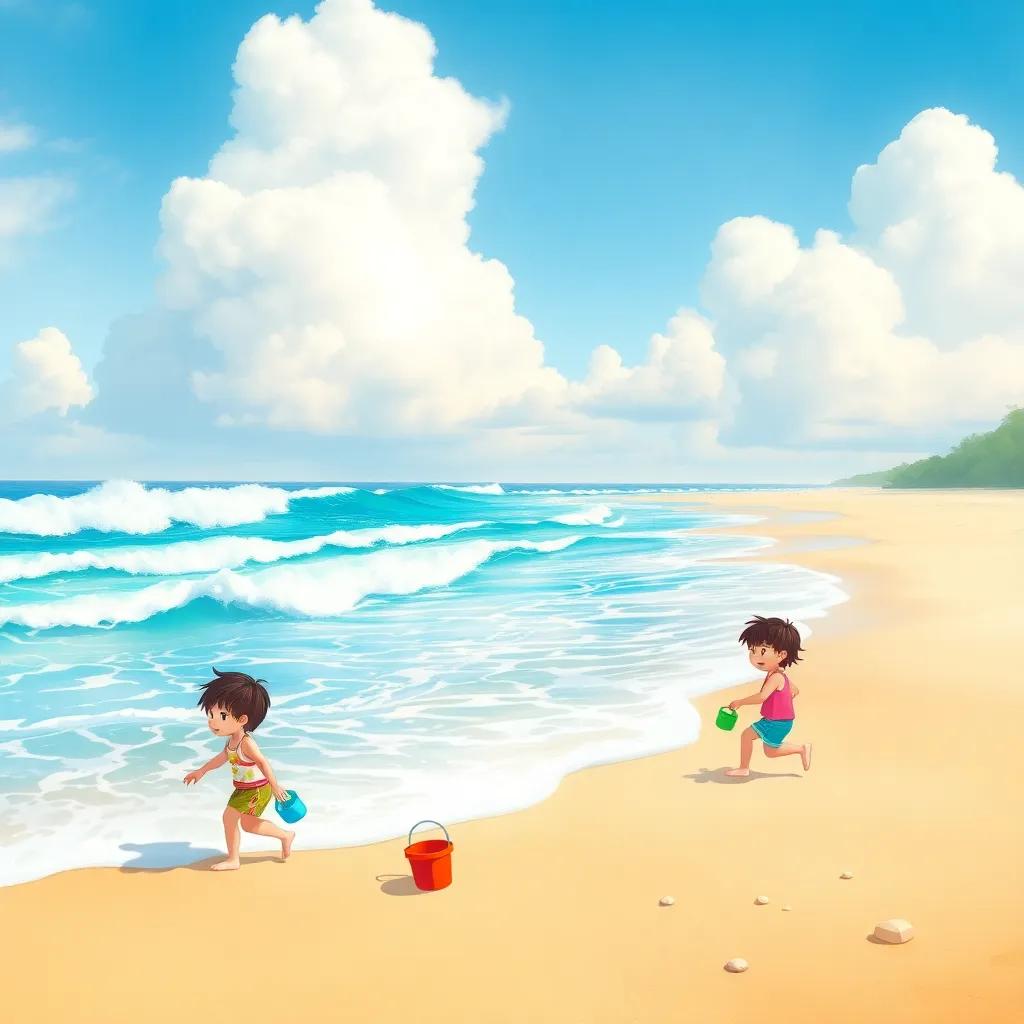 A beautiful beach with soft waves crashing on the shore, children playing with buckets and shovels, a fluffy cloud playing with the waves, colorful scene, joyful atmosphere, high quality