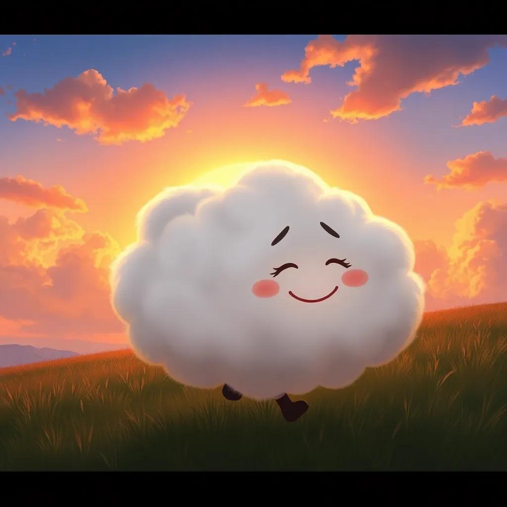 A fluffy cloud returning home with a tired but happy expression, the sun setting behind, with a beautiful sky above, digital painting, warm colors, cozy atmosphere, high quality