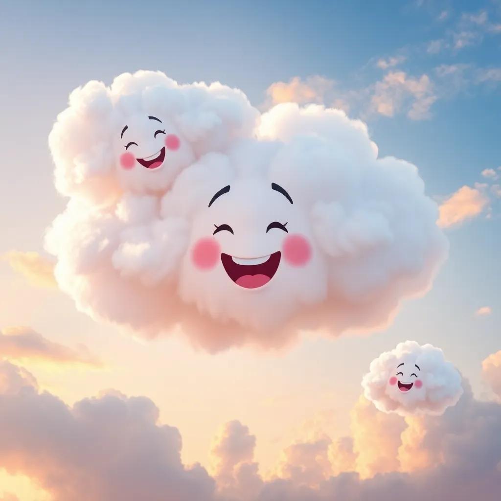 A fluffy cloud sharing stories with other clouds, animated expressions, excitement in the air, colorful sky, digital art, bright and vibrant, high quality
