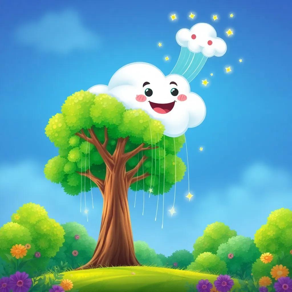 Nube Viajera, a cheerful cloud, releasing magical rain over a green forest with a tall, happy tree, vibrant colors and sparkling leaves, illustration, joyful and bright, child-friendly, high quality