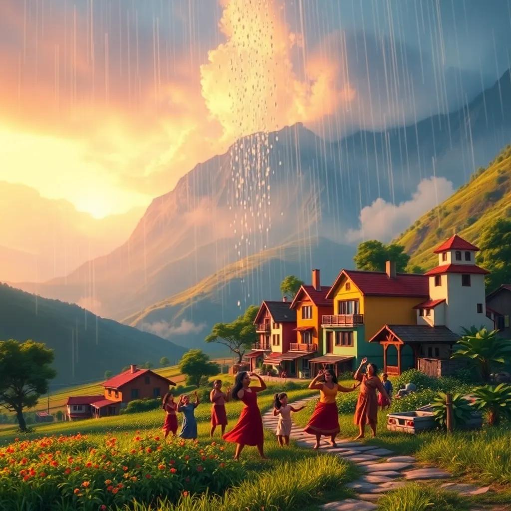 A joyful scene of Nube Viajera pouring rain over a small village in the mountains, villagers dancing and smiling, colorful houses, lush fields, lively atmosphere, digital painting, warm colors, uplifting, high quality