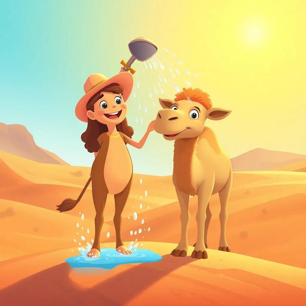 A happy Nube Viajera showering rain on a hot desert with a grateful camel, surrounded by sandy dunes, bright sunlight, cheerful and lively, illustration, vibrant colors, welcoming feeling, high quality