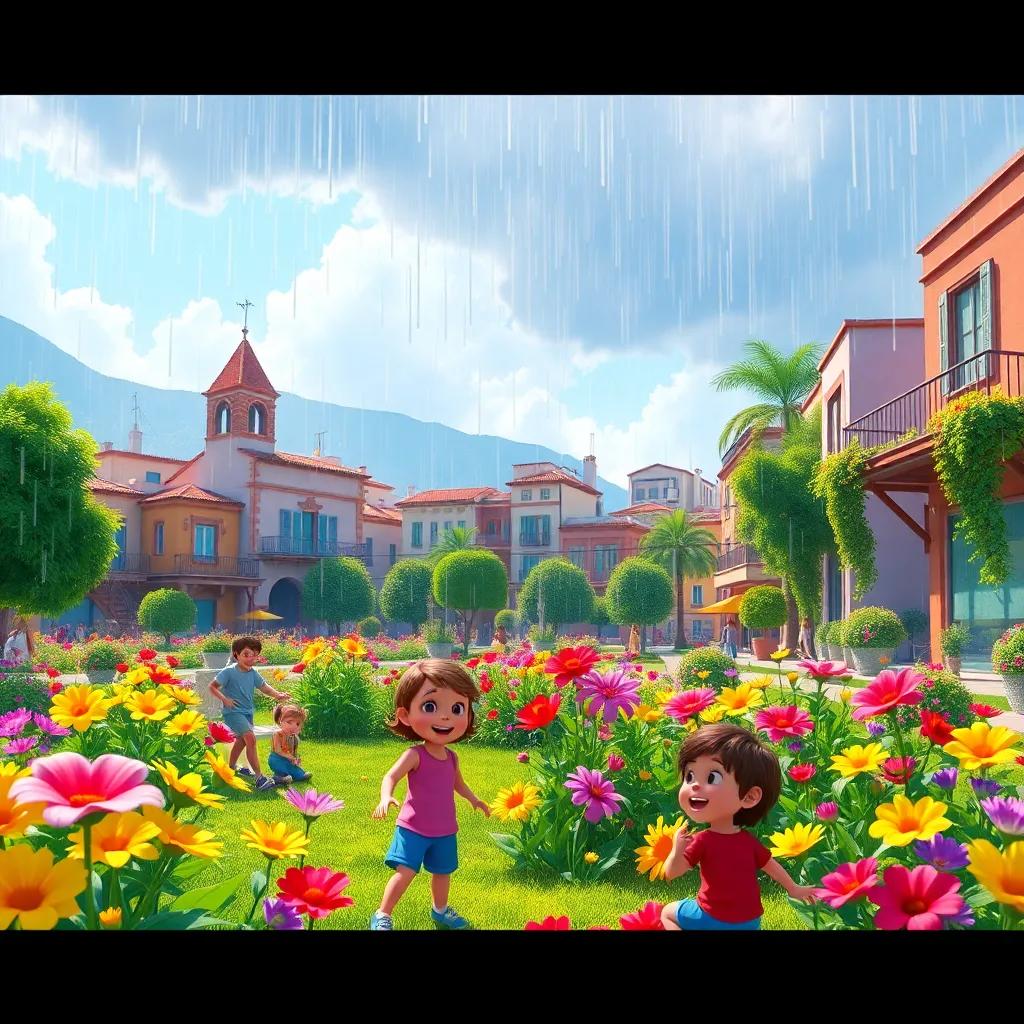 Nube Viajera gently raining over a vibrant city garden with happy children playing and flowers blooming, colorful scene, sunlight streaming, cheerful atmosphere, digital art, colorful and bright, high quality
