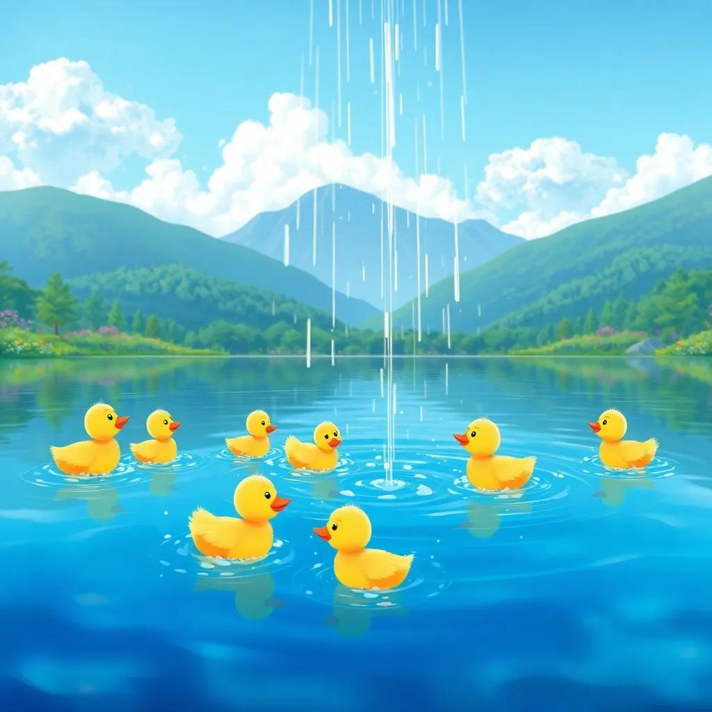 A scene of Nube Viajera happily raining into a clear blue lake with cheerful ducklings splashing around, surrounded by beautiful scenery, peaceful and joyful, illustration, vibrant colors, enchanting, high quality