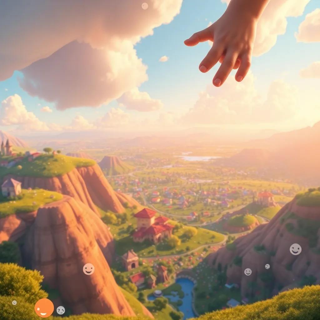 Nube Viajera looking down happily on a landscape filled with smiles and laughter, colorful world below, whimsical and magical feeling, digital art, bright colors, inviting atmosphere, high quality
